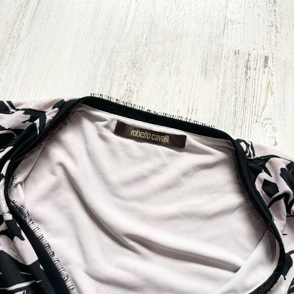 Roberto Cavalli Ruched Dress 38 Foliage Print Stretchy Lavender & White - Picture 3 of 7